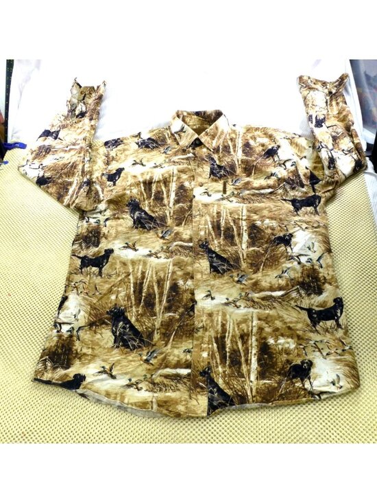 North river Other - North River Mens Hunting-Themed Button-Up Shirt L 100% Cotton Brown Dogs & Ducks